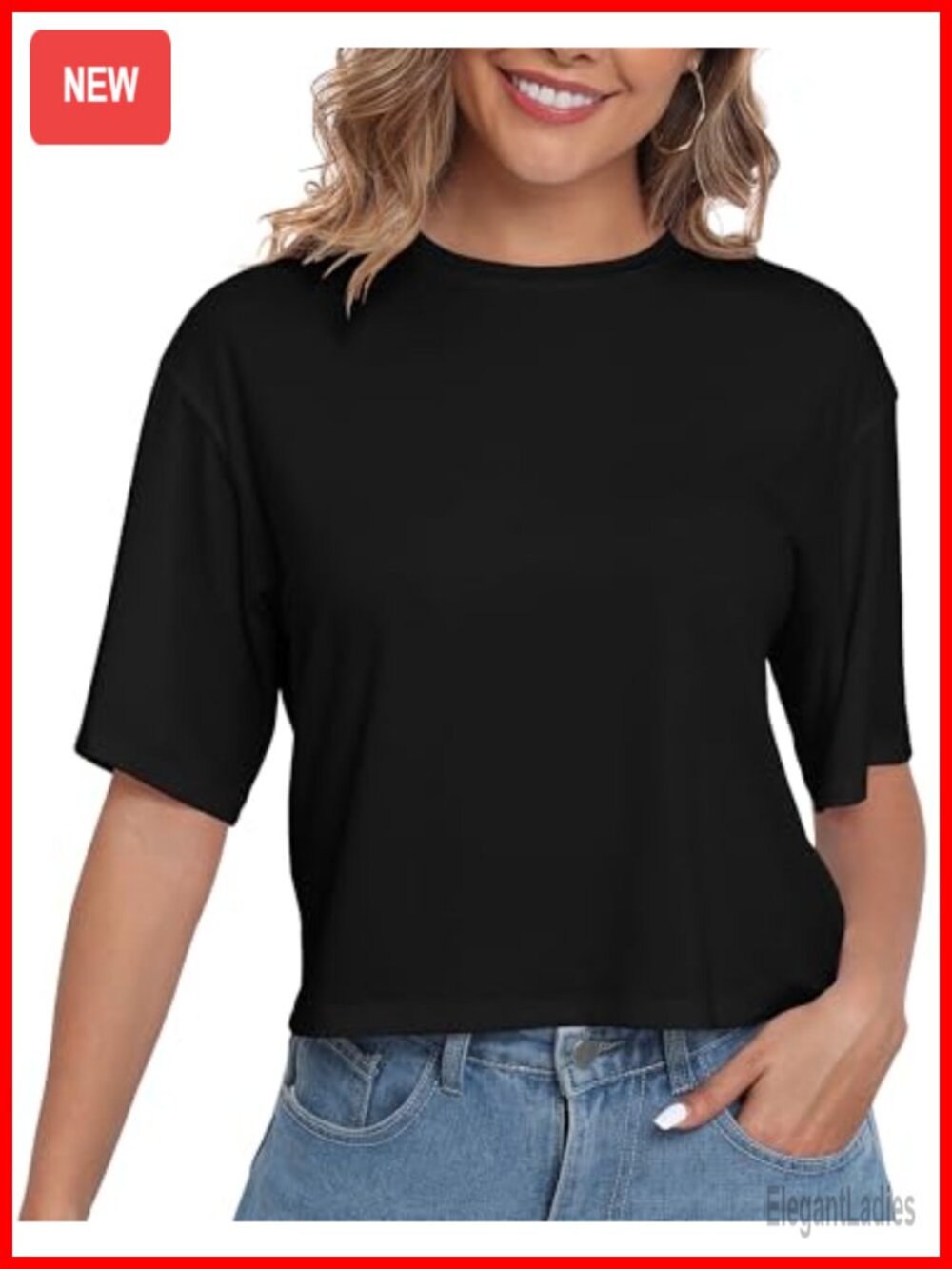 Loose Fit Cropped T-Shirt Crew Neck Half Sleeve Cotton Blend Tee